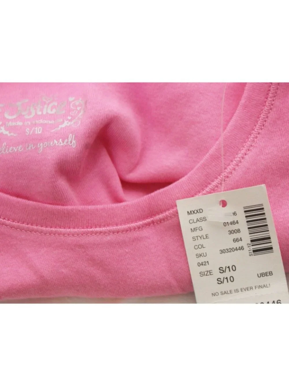 Y2K 2010s Justice Pink Long Tee Shirt TShirt sz 10 Small Cap Sleeves Stretch NOS